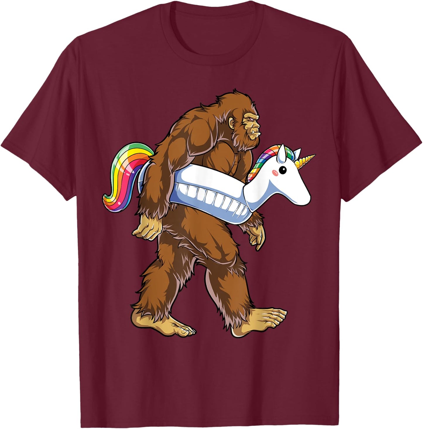 Pool Party Bigfoot Unicorn Float Funny Sasquatch Rainbow T-Shirt - T-Shirt | Maroon