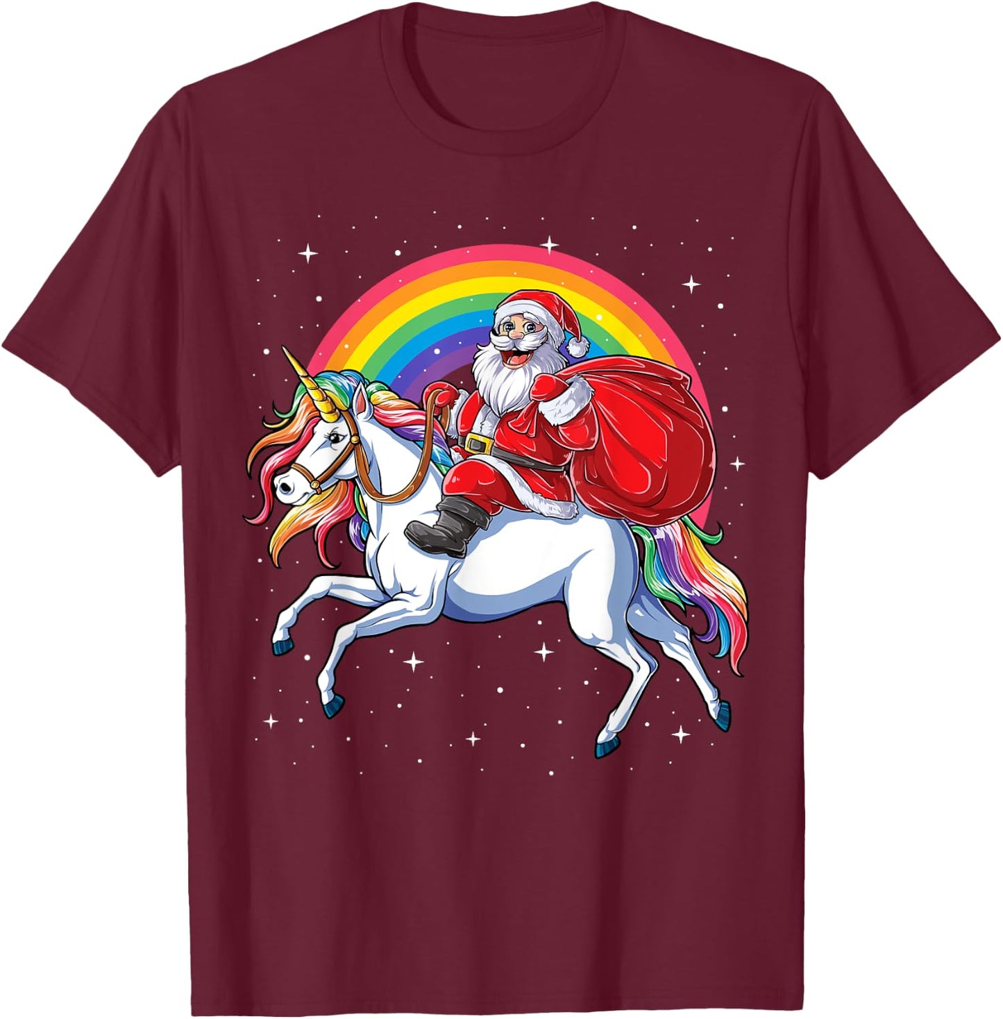 Christmas Santa Riding Unicorn Xmas Girls Women Rainbow T-Shirt - T-Shirt | Maroon