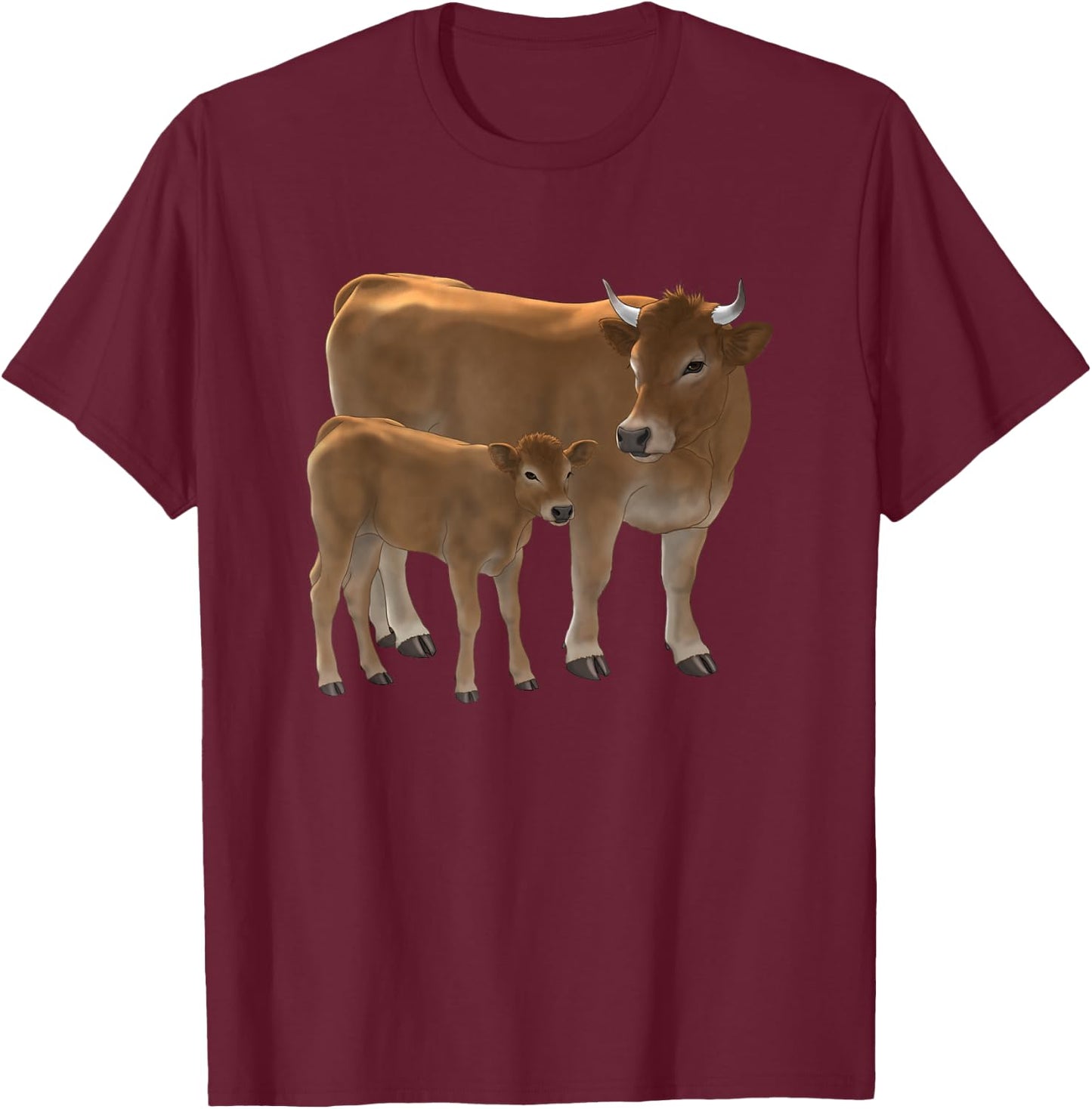 Aubrac or Jersey Brown Cow & Cute Calf Cattle Rancher Art T-Shirt - T-Shirt | Maroon