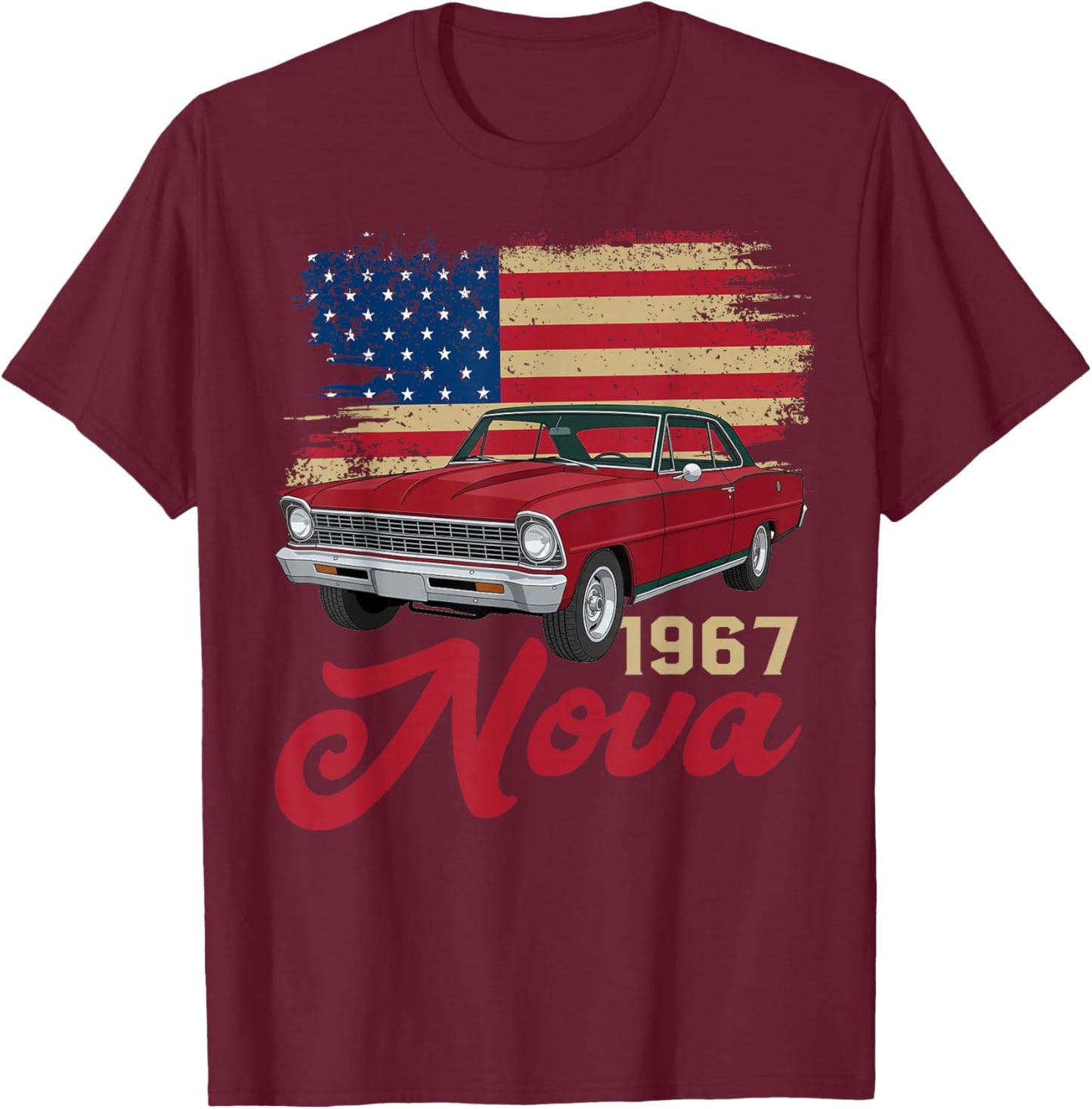 1967 67 Nova Silhouette Muscle Car American Flag T-Shirt - T-Shirt | Maroon