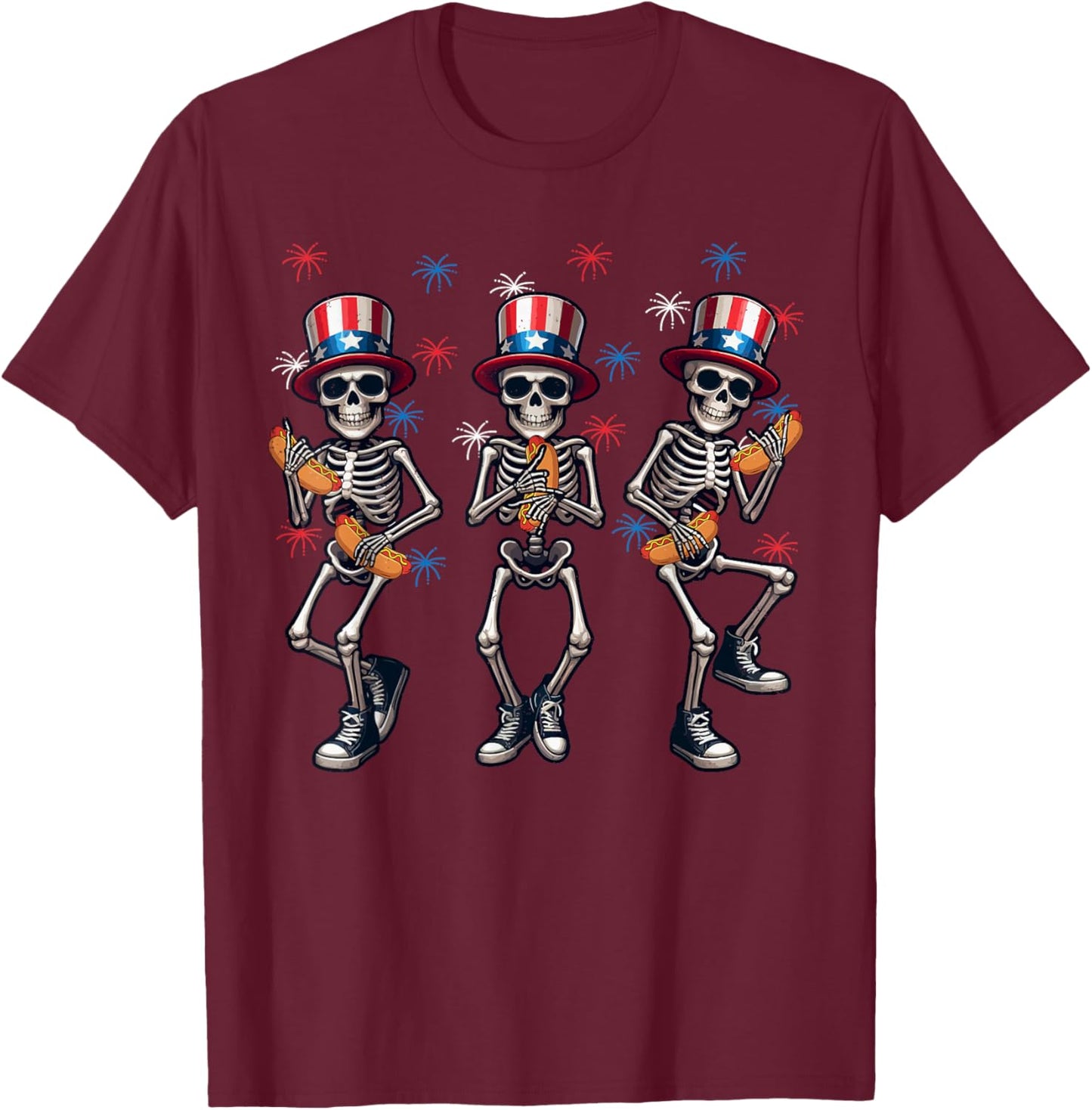 Skeleton Hotdog 4th Of July American Flag Patriotic Sausage T-Shirt - T-Shirt | Maroon