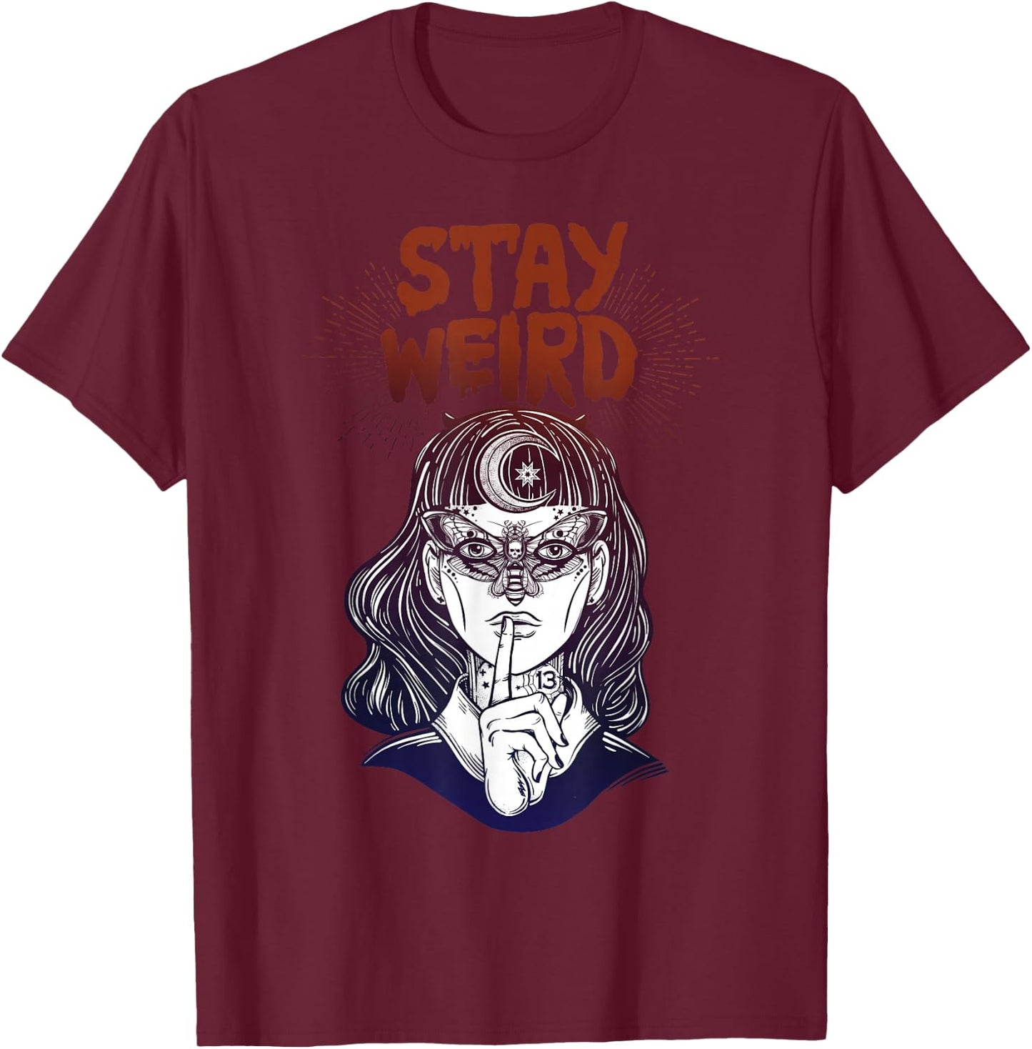 Hand Drawn Witch Girl with Butterfly Stay Weird T-Shirt - T-Shirt | Maroon