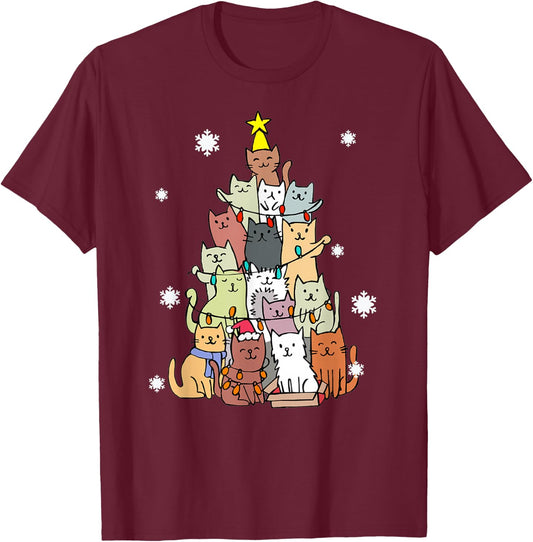 Ugly Christmas Sweater Cat Tree - Funny Xmas Cat Gift T-Shirt - T-Shirt | Maroon
