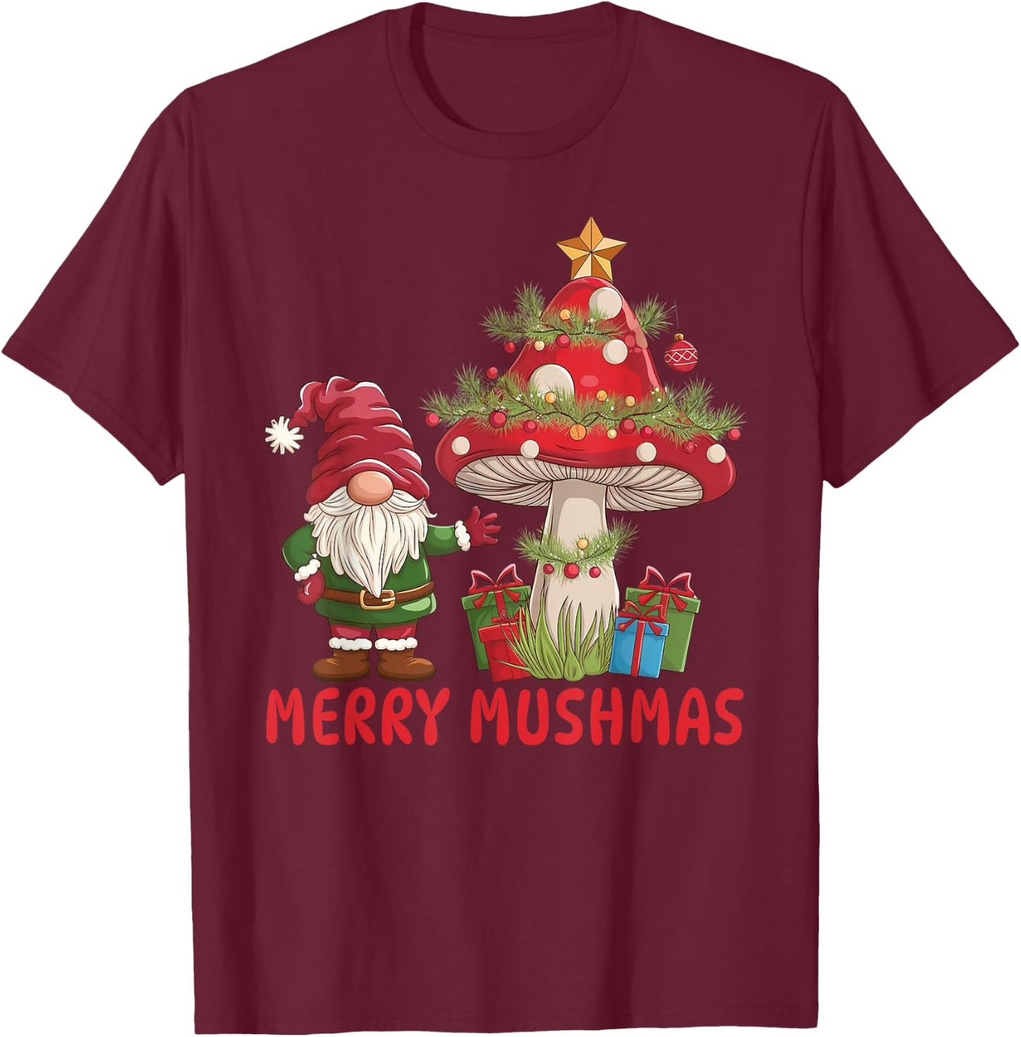 Merry Mushmas, Funny Christmas Gnome Mushroom T-Shirt - T-Shirt | Maroon