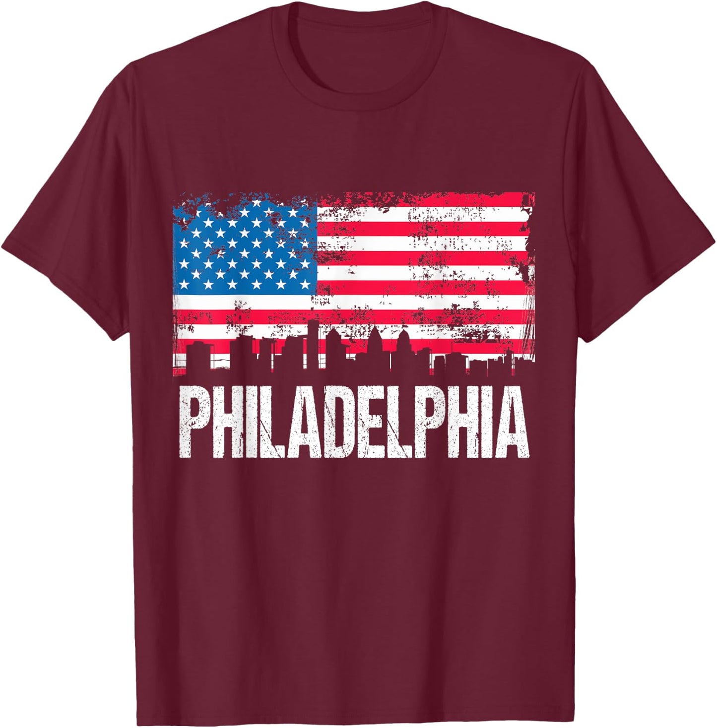 US Flag American City Skyline Philadelphia Pennsylvania USA T-Shirt - T-Shirt | Maroon