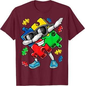 Autism Awareness Dabbing Puzzle Piece Kids Gift Boys T-Shirt - T-Shirt | Maroon