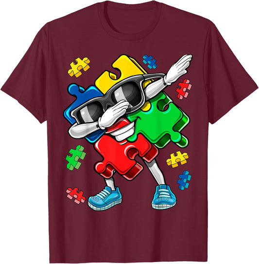 Autism Awareness Dabbing Puzzle Piece Kids Gift Boys T-Shirt - T-Shirt | Maroon