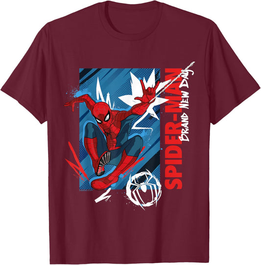 Marvel Spider-Man: New Day Spidey Urban Swing Poster T-Shirt - T-Shirt | Maroon