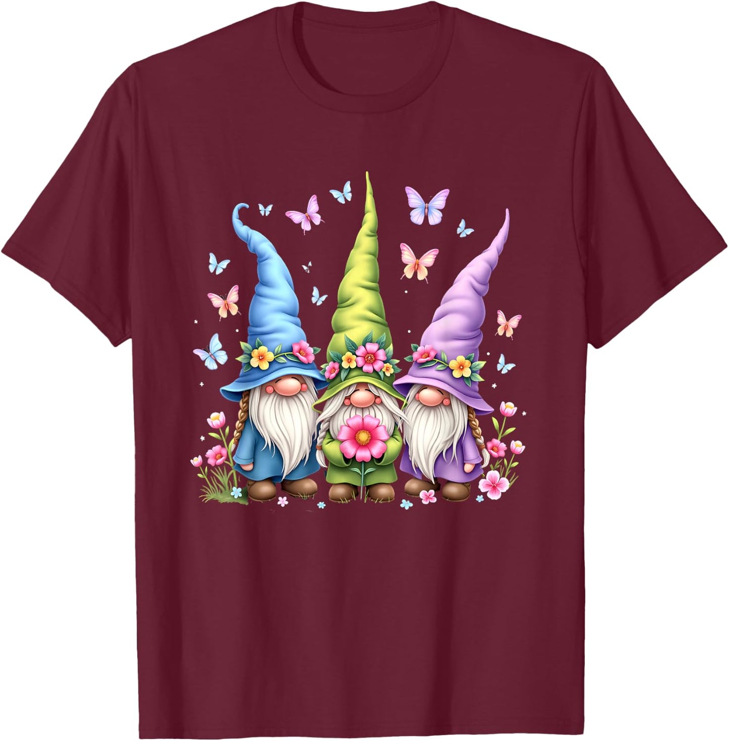 Whimsical Gnome Trio with Flowers and Butterflies T-Shirt - T-Shirt | Maroon