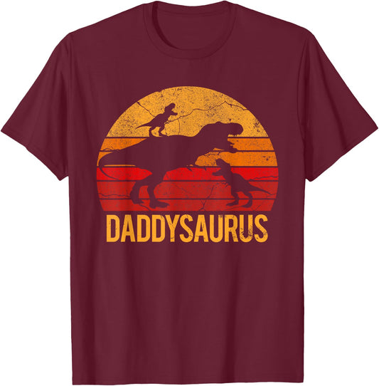 Daddy Dinosaur Daddysaurus 2 Two kids Xmas Gift Men Father T-Shirt - T-Shirt | Maroon
