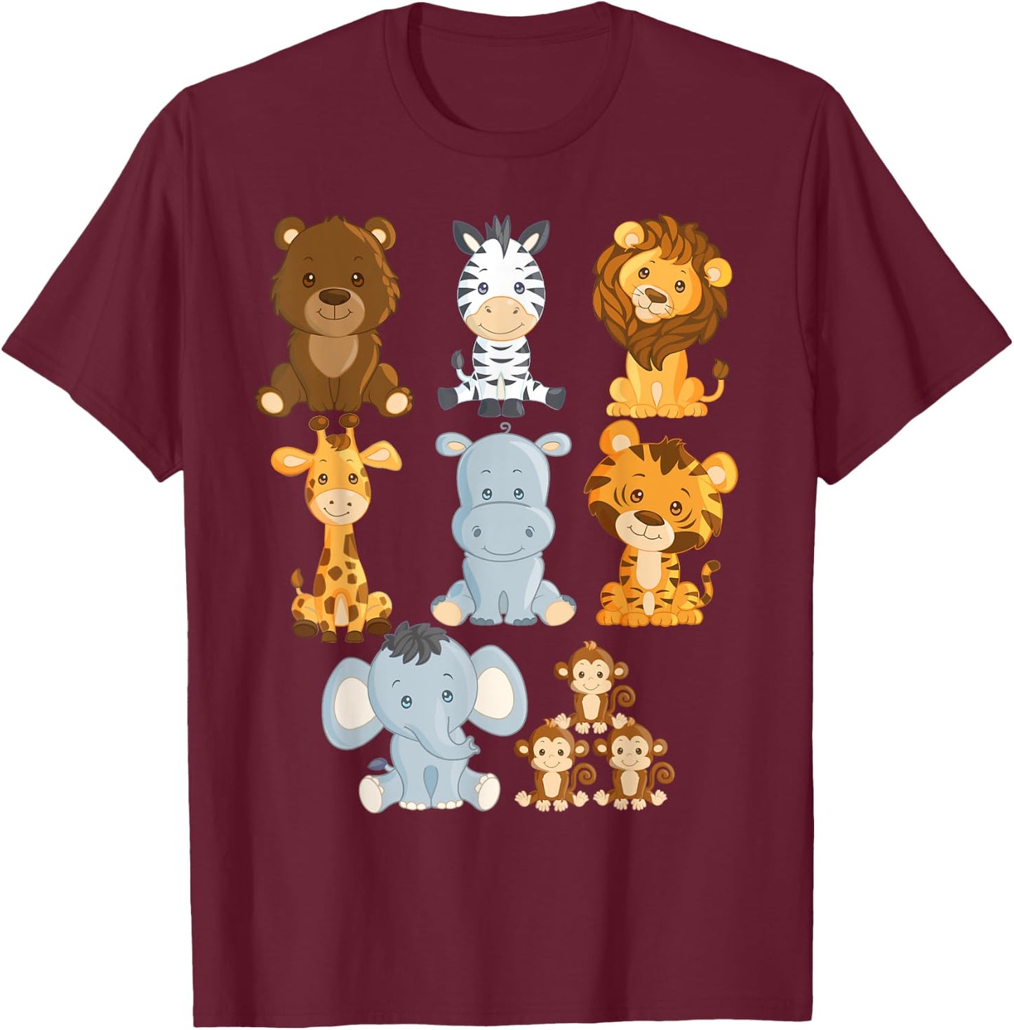 Boy's Girl's Safari Zoo Jungle Animals For Toddlers T-Shirt - T-Shirt | Maroon
