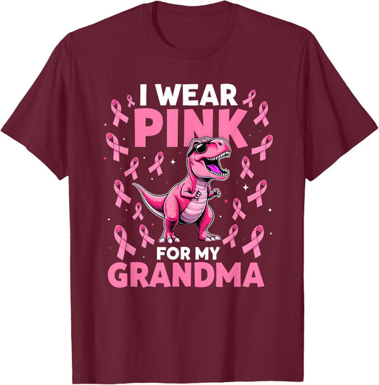 I Wear Pink For My Grandma Pink Ribbon T-Rex Breast Cancer T-Shirt - T-Shirt | Maroon