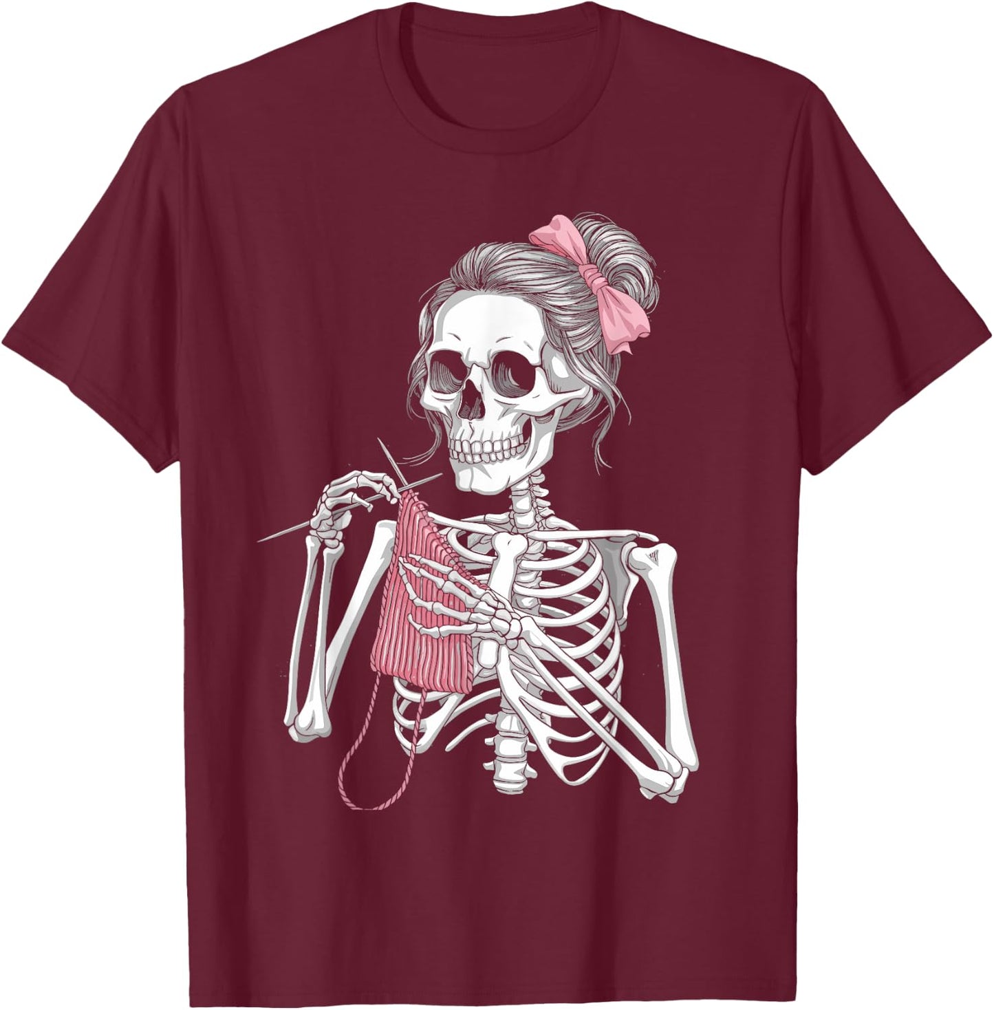 Skeleton Messy Bun Crochet Knitting Lovers Spooky Halloween T-Shirt - T-Shirt | Maroon