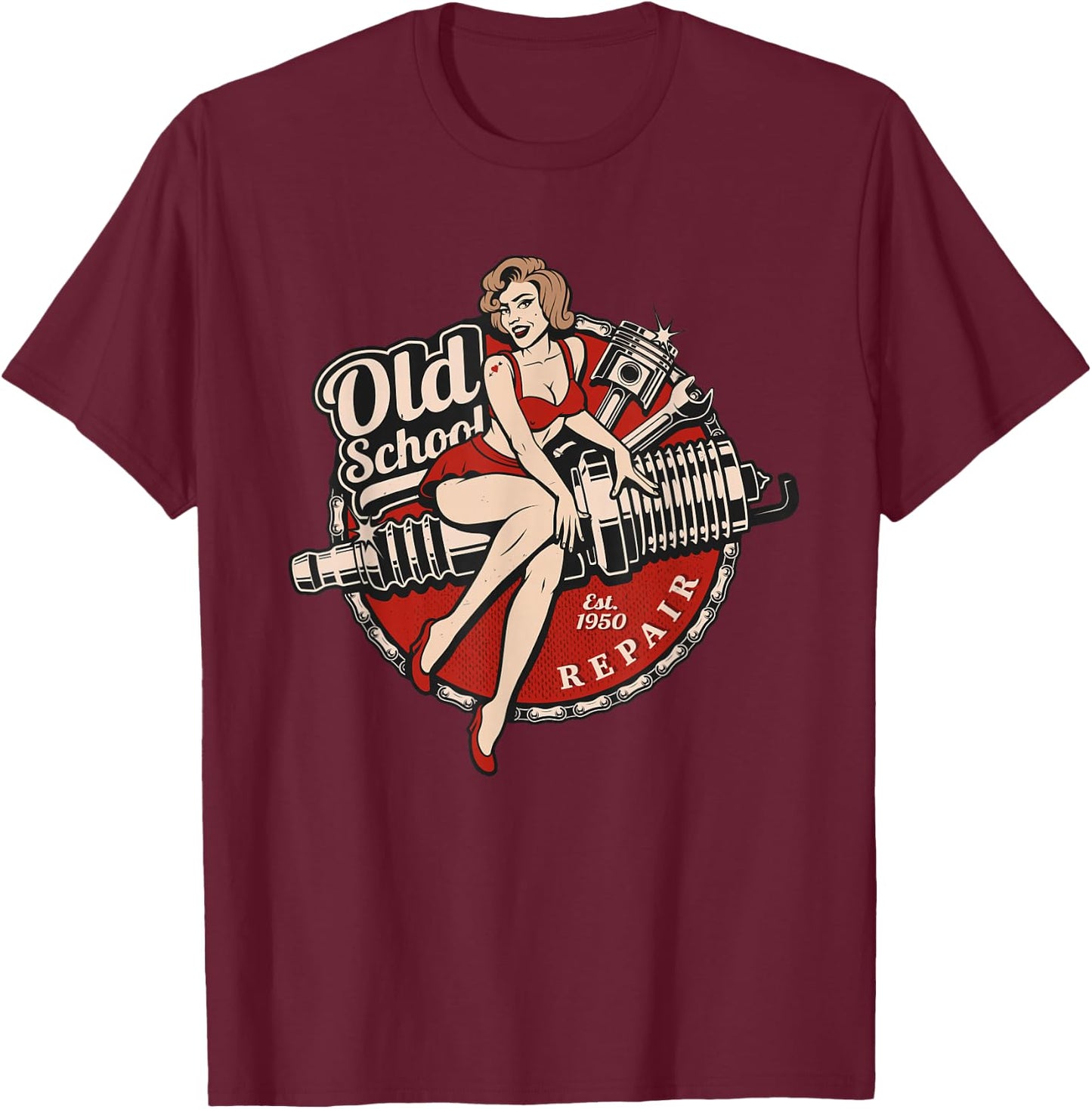 Spark Plug Pinup Mechanic T-Shirt - T-Shirt | Maroon