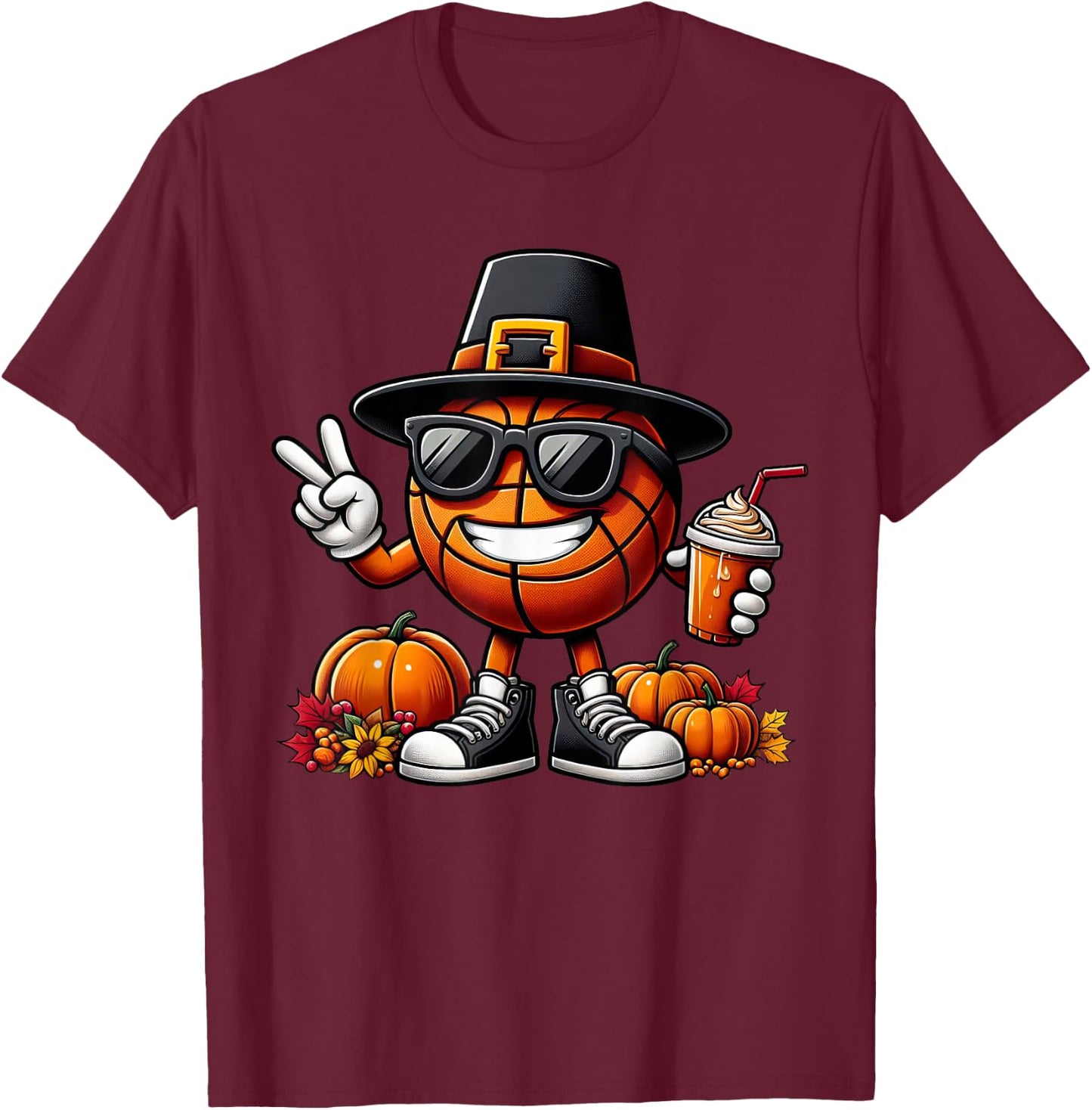 Autumn Pumpkin Fall Basketball Thanksgiving Kids T-Shirt - T-Shirt | Maroon