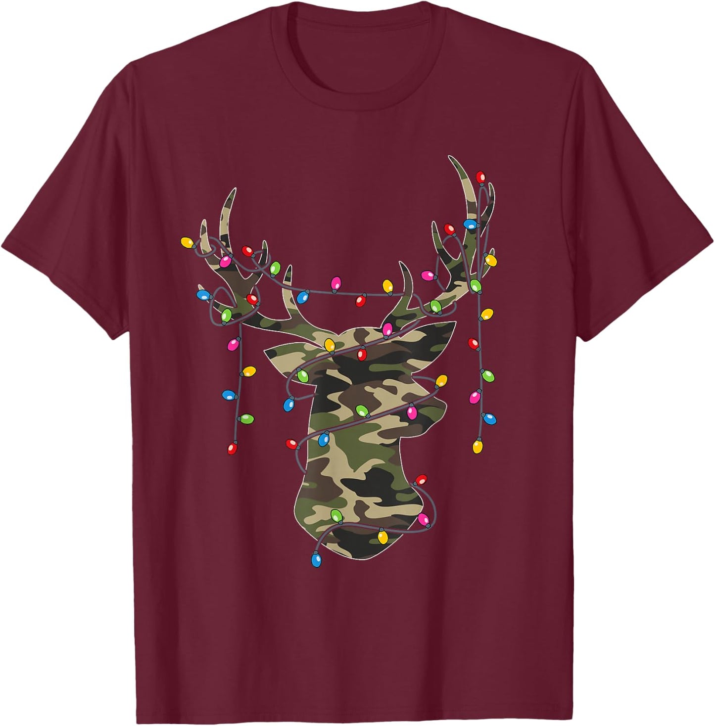 Christmas Holiday Camo Hunting Reindeer Deer Xmas Lights T-Shirt - T-Shirt | Maroon