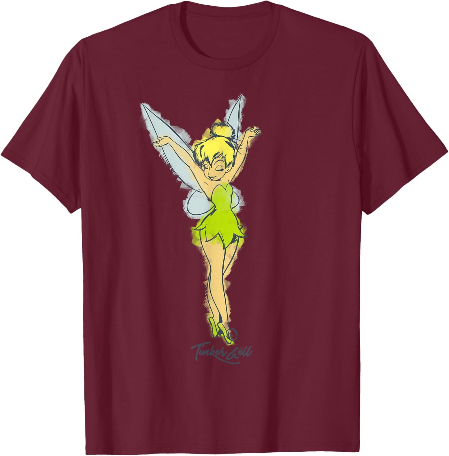 Disney Peter Pan Tinker Bell Watercolor Sketch T-Shirt - T-Shirt | Maroon