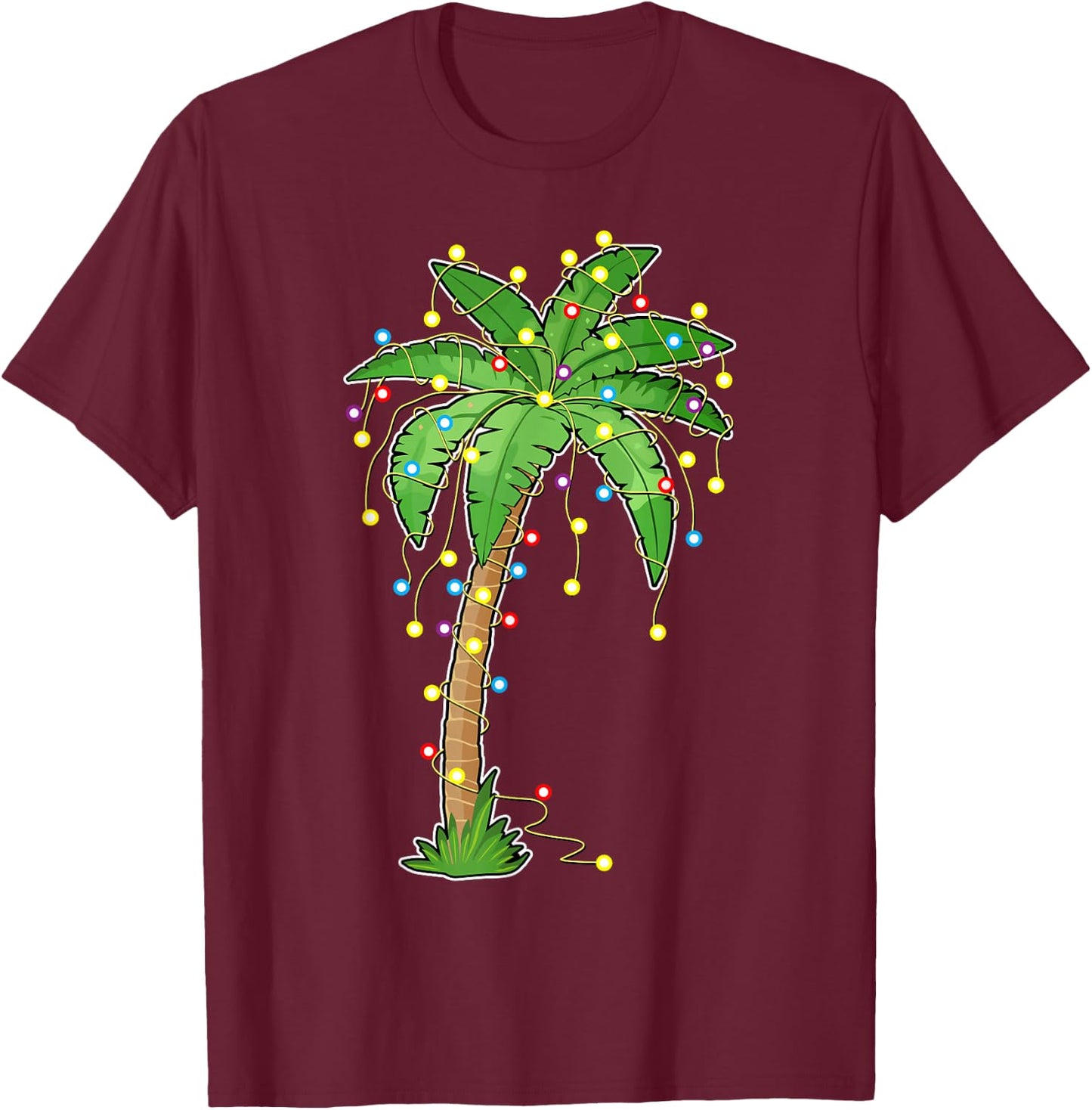 Christmas Lights Palm Tree Beach Funny Tropical Xmas Gift T-Shirt - T-Shirt | Maroon