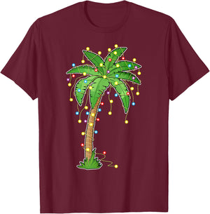 Christmas Lights Palm Tree Beach Funny Tropical Xmas Gift T-Shirt - T-Shirt | Maroon