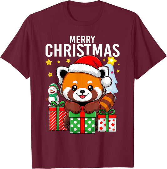 Panda Merry Winter Red Pandas Christmas T-Shirt - T-Shirt | Maroon
