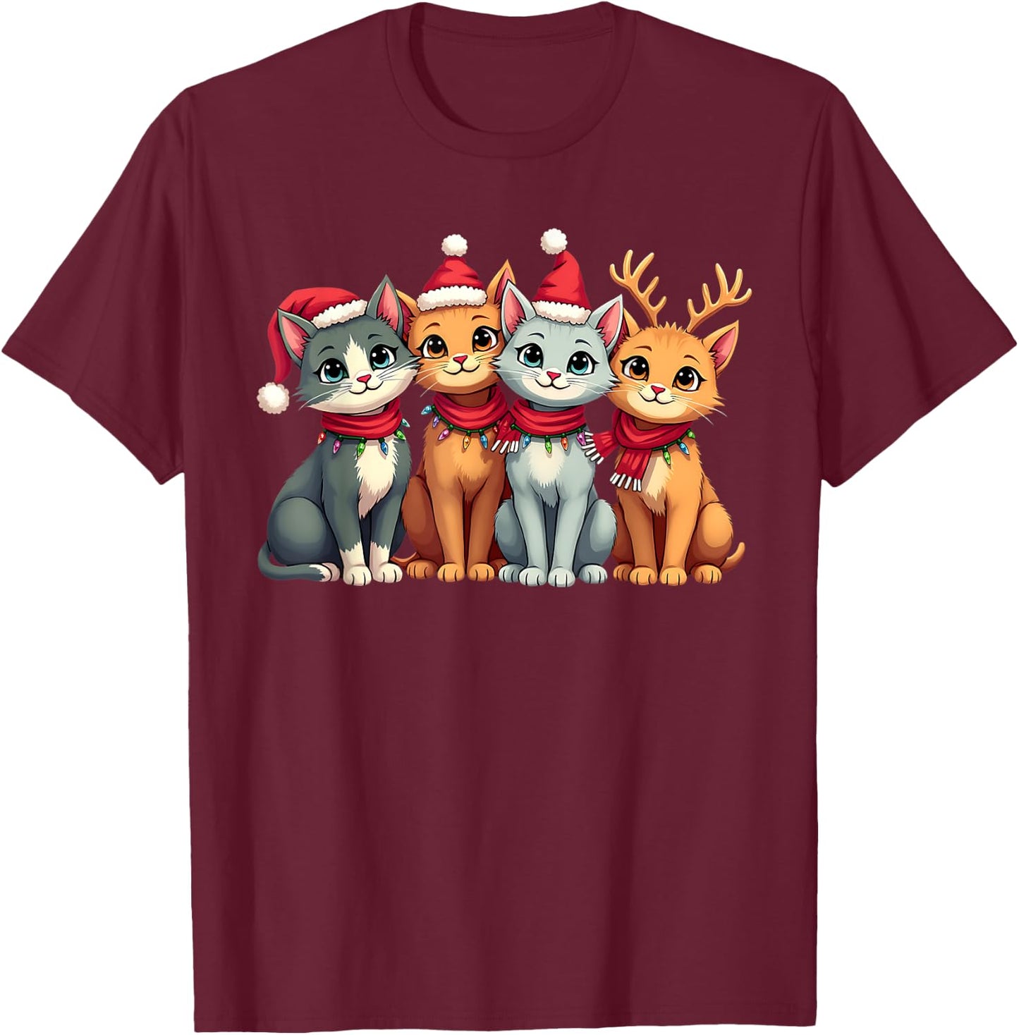 Santa Cat Light Gorgeous Reindeer Pajama Cat Christmas Pj Women Kids T-Shirt - T-Shirt | Maroon