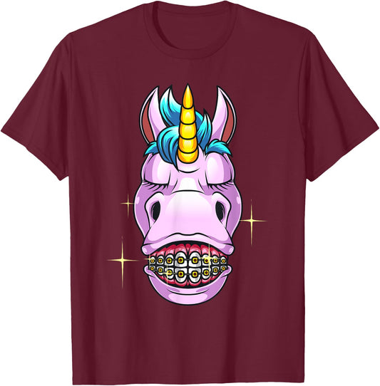 Cool Unicorn With Dental Braces Funny Horn Horse Smile Gift T-Shirt - T-Shirt | Maroon
