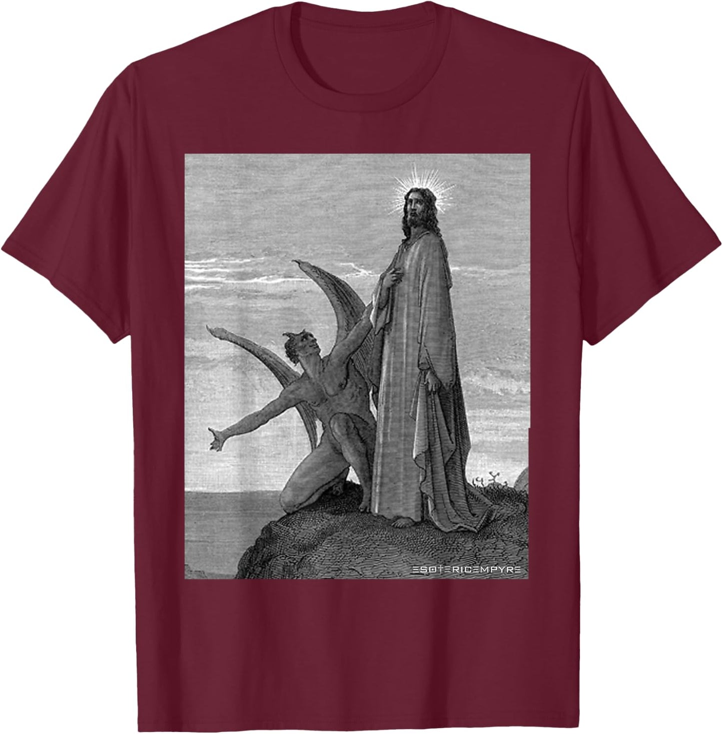 Jesus Christ Temptation of Satan Wilderness by Gustave Dore T-Shirt - T-Shirt | Maroon