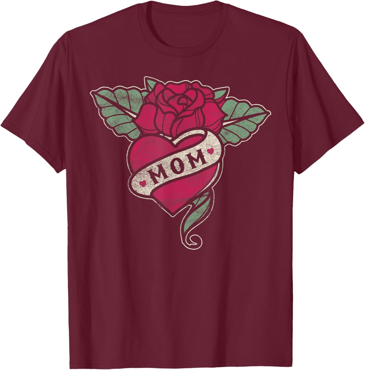 Mom Tattoo Heart Red Rose Motorcycle T-Shirt - T-Shirt | Maroon