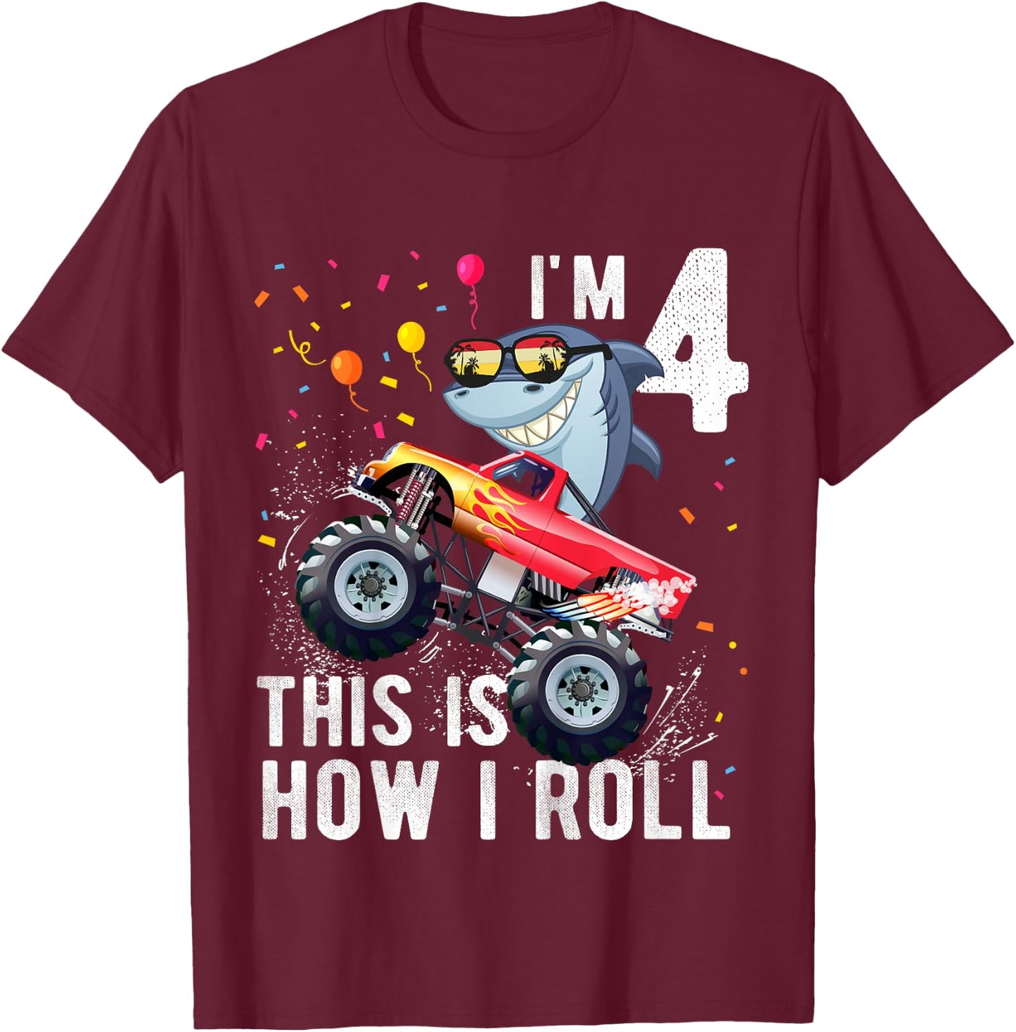 Shark Monster Truck 4th Birthday Boys and Girls T-Shirt - T-Shirt | Maroon
