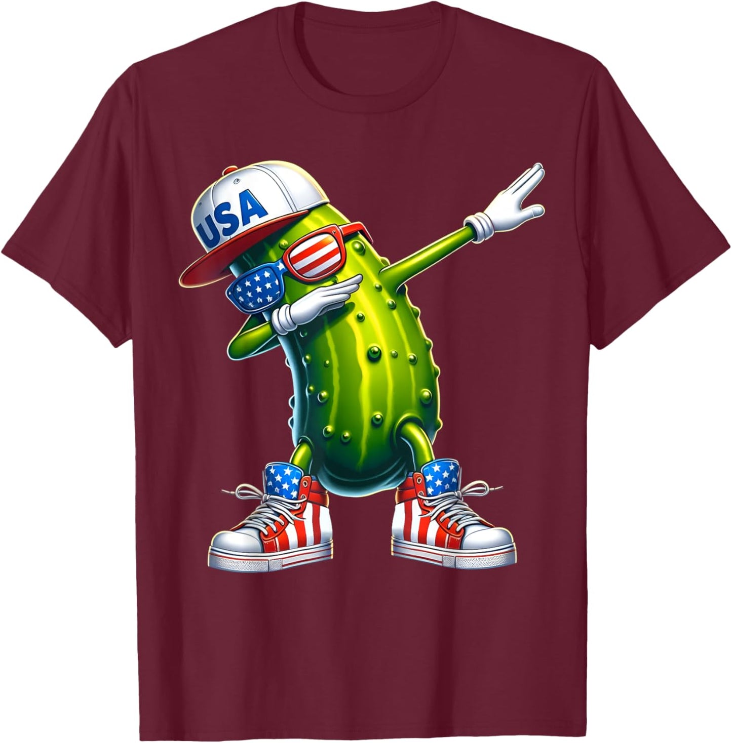 Funny Patriotic Pickle Dabbing Cucumber American 4th of July T-Shirt - T-Shirt | Maroon