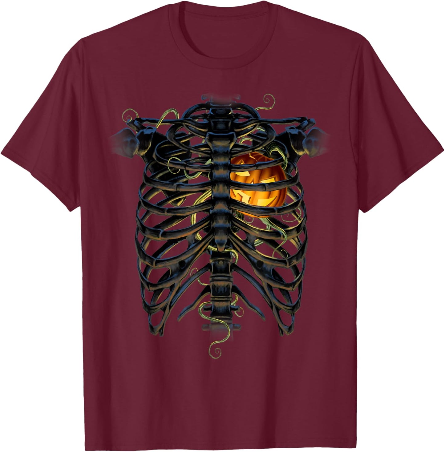Halloween Skeleton Rib Cage Pumpkin Heart T-Shirt - T-Shirt | Maroon