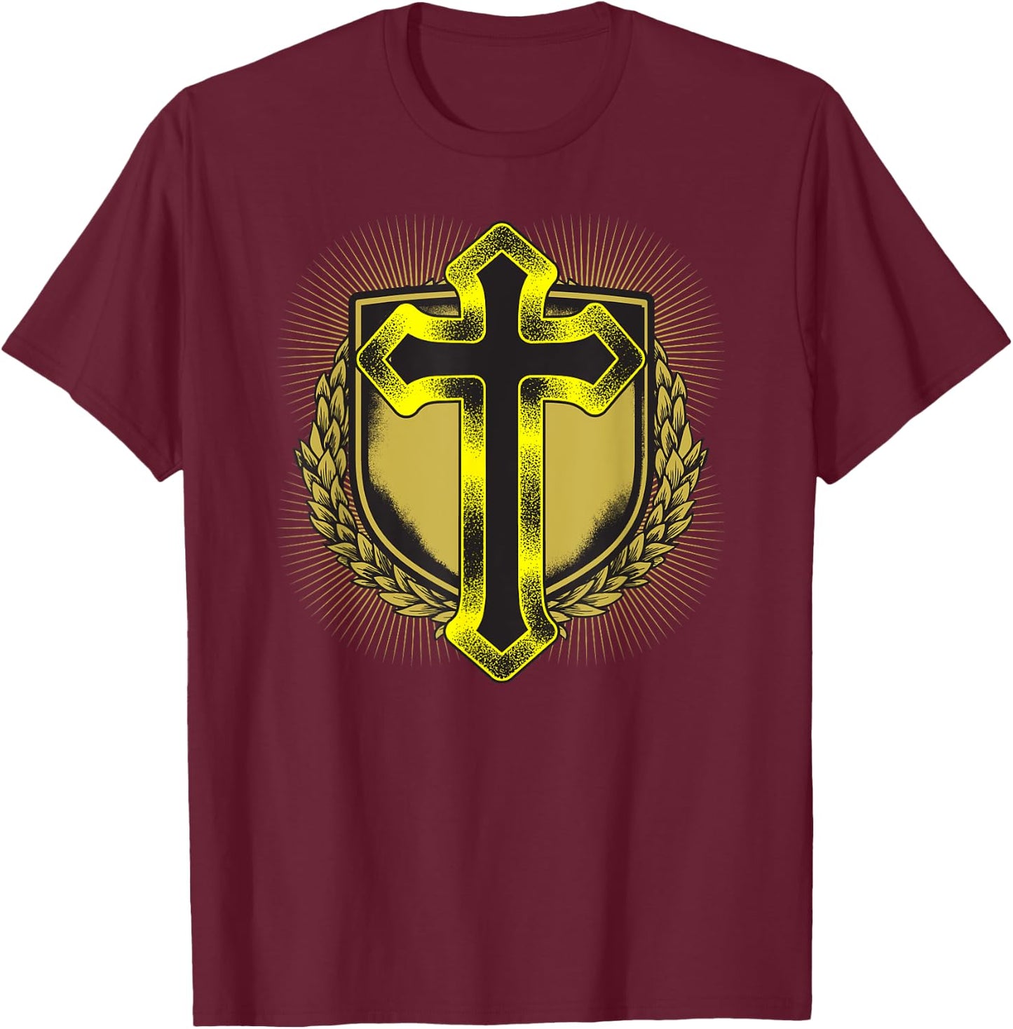 Distressed Golden Cross Christian Coat of arms Design T-Shirt - T-Shirt | Maroon