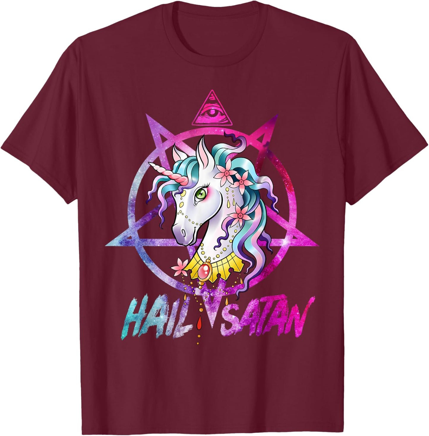 Unicorn Hail Satan Death Metal Rainbow shirt Rave Men Women T-Shirt - T-Shirt | Maroon