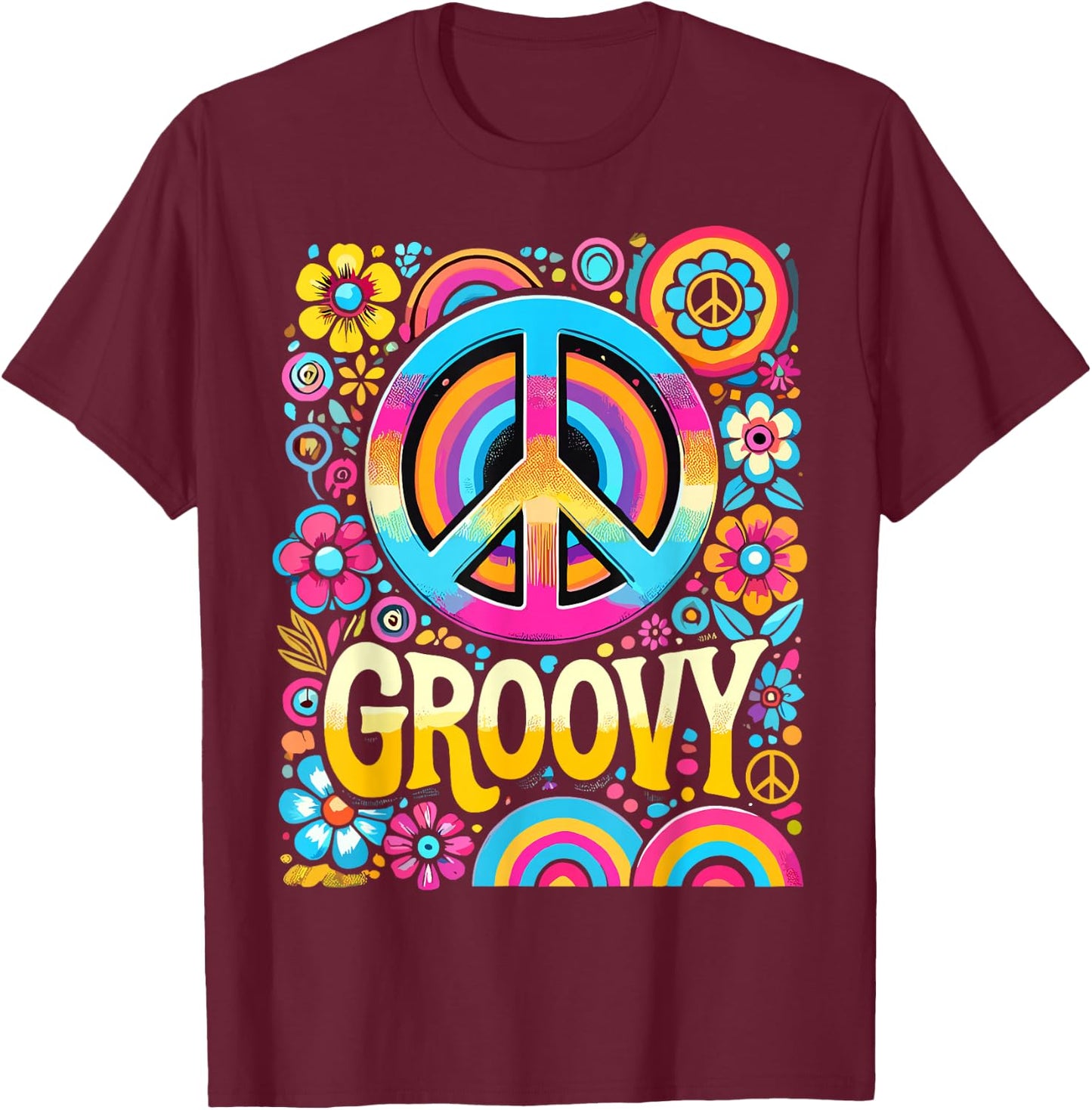Tie Dye Peace Sign Hippie Groovy T-Shirt - T-Shirt | Maroon