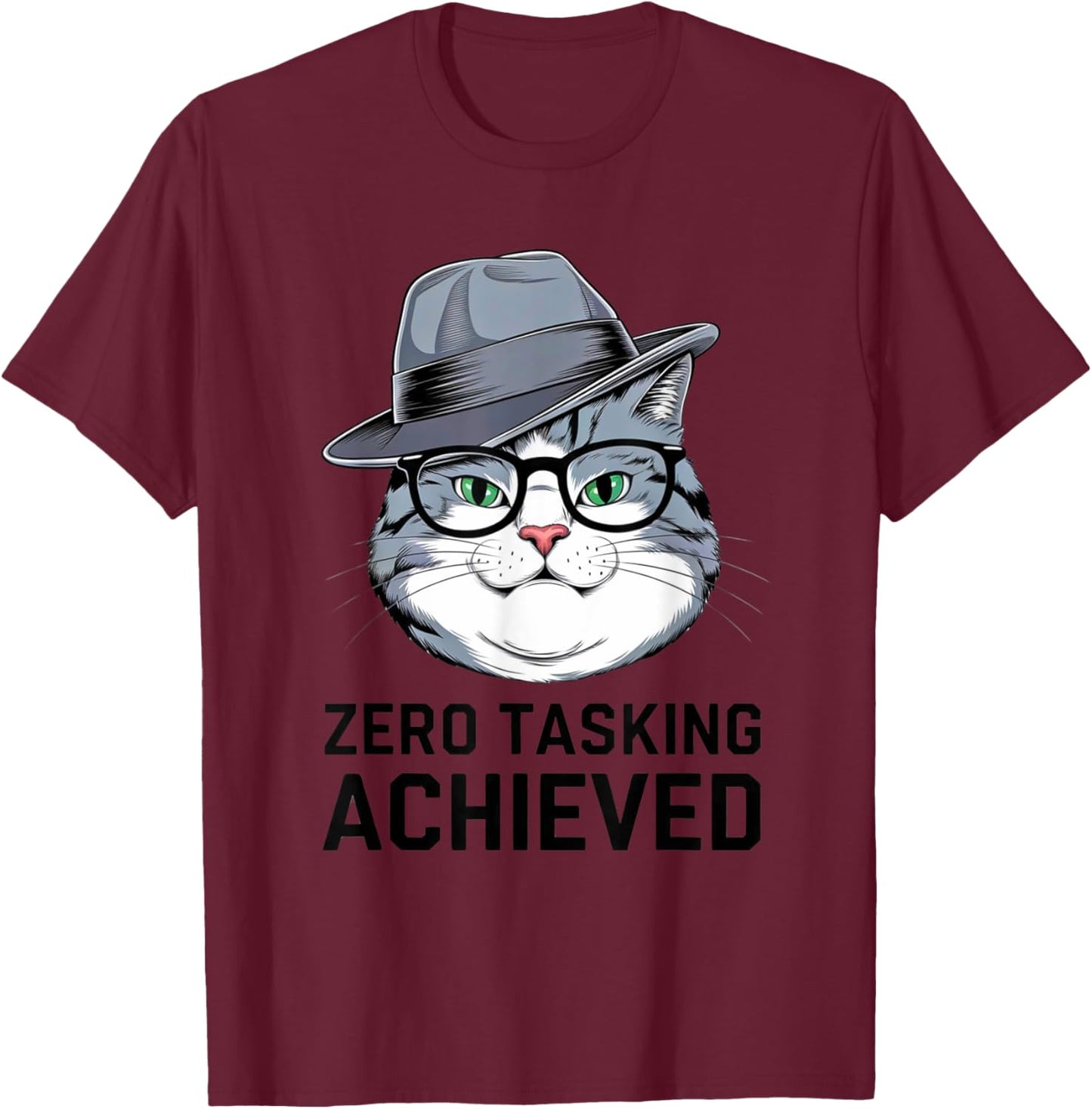 Zero Tasking Achieved Stylish Cartoon Cat T-Shirt - T-Shirt | Maroon