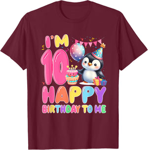I'm 10 Happy Birthday to Me 10th Birthday Penguin Theme T-Shirt - T-Shirt | Maroon