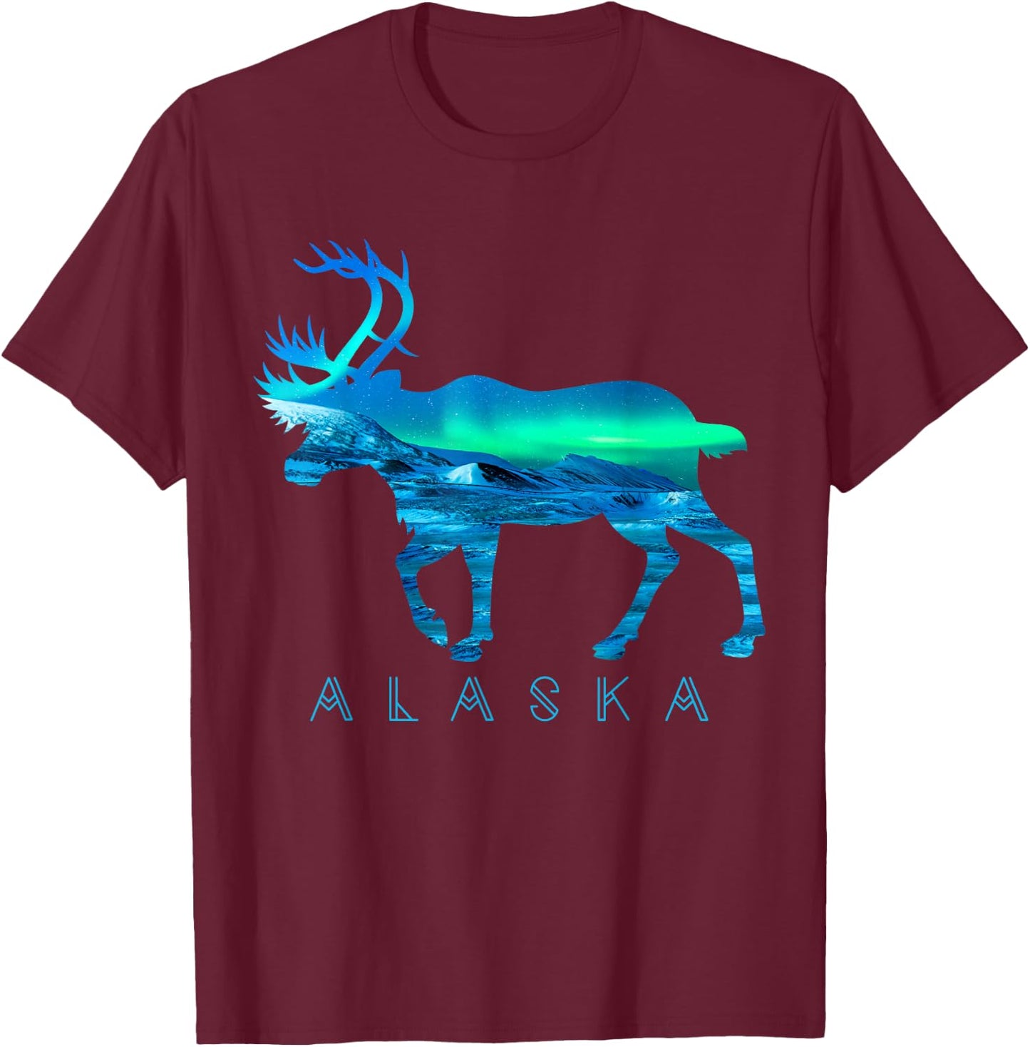 Alaskan Caribou with Aurora Borealis Scene Reindeer Tourist T-Shirt - T-Shirt | Maroon