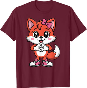 Cute Red Fox Coquette Bow Retro Red Fox Kids Girls T-Shirt - T-Shirt | Maroon