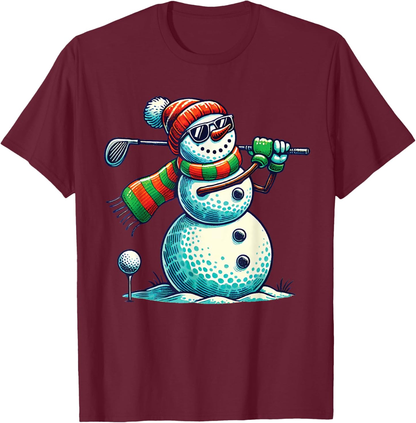 Funny Snoman Playing Golf ball Christmas Golf lovers players T-Shirt - T-Shirt | Maroon