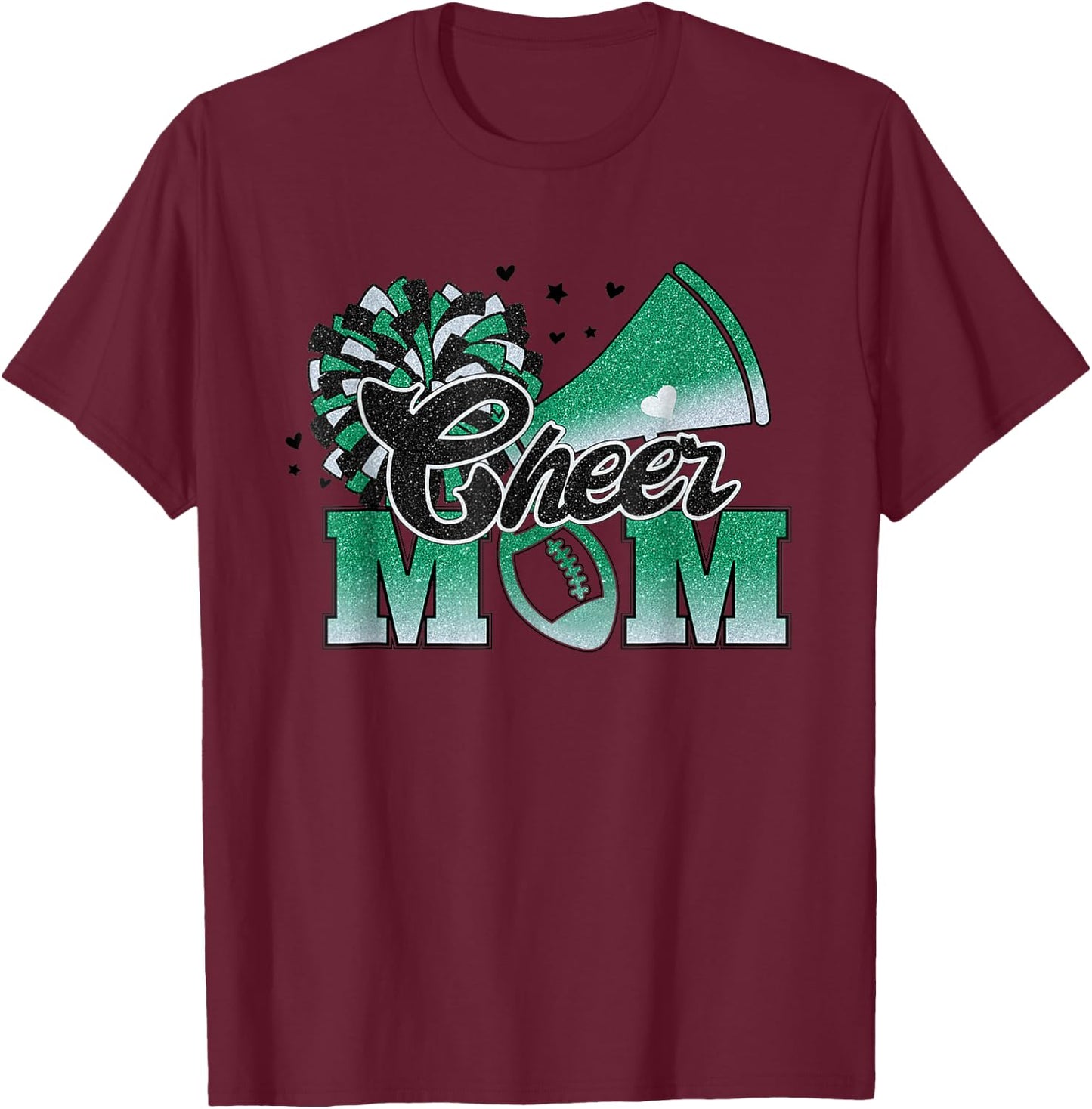 Football Cheer Mom Biggest Fan Cheerleader Black Green White T-Shirt - T-Shirt | Maroon