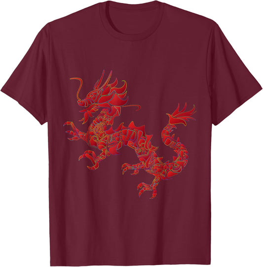 Red Chinese Firedrake Dragon Print Art Wear T-Shirt - T-Shirt | Maroon