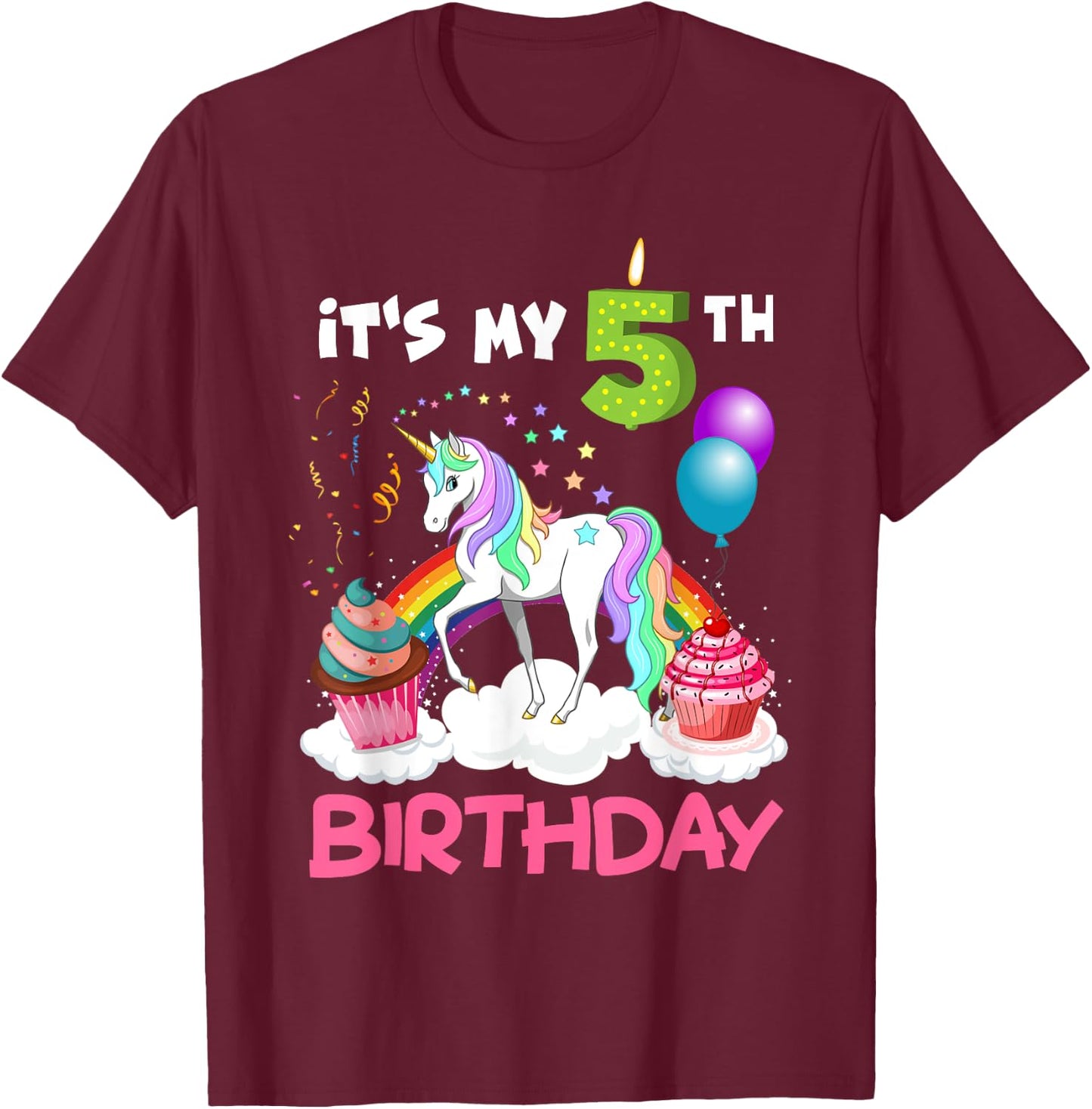 Cute It's My Fifth Birthday Unicorn Five Year Old Girl's T-Shirt - T-Shirt | Maroon