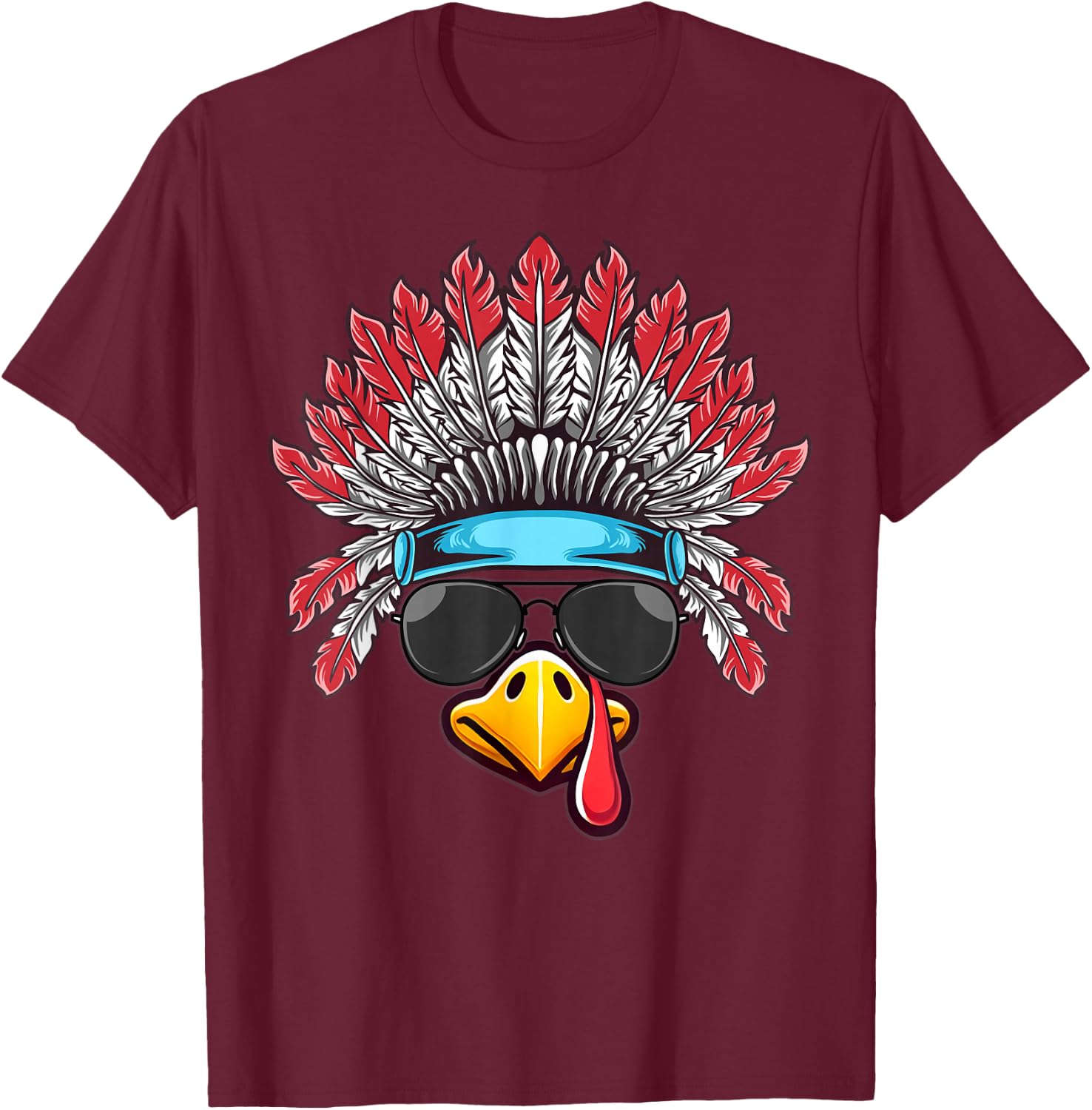 Turkey Face Native American Headdress Thanksgiving T-Shirt - T-Shirt | Maroon