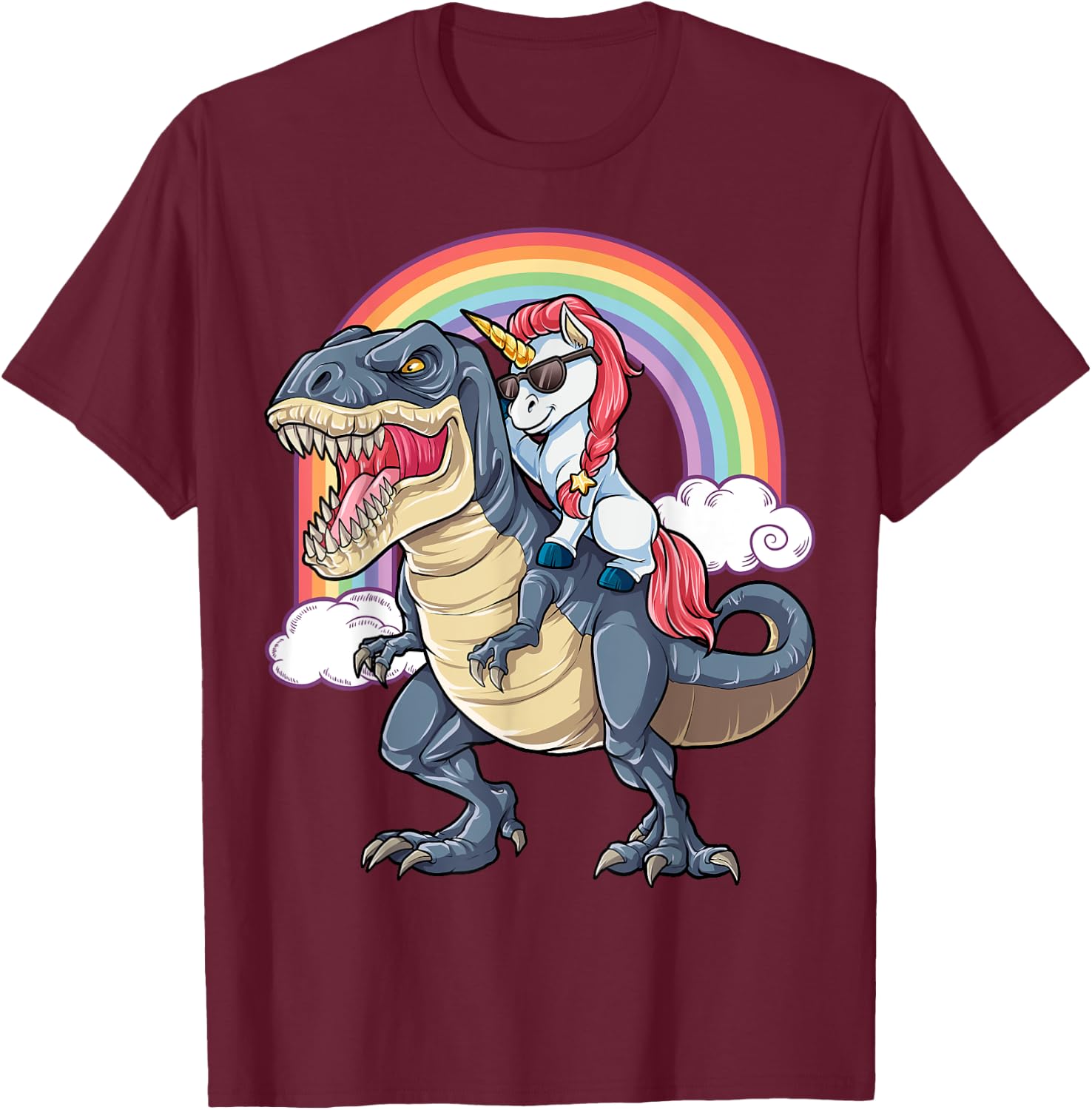 Unicorn Riding Dinosaur T rex Shirt Boys Girls Kids Rainbow T-Shirt - T-Shirt | Maroon