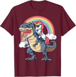 Unicorn Riding Dinosaur T rex Shirt Boys Girls Kids Rainbow T-Shirt - T-Shirt | Maroon