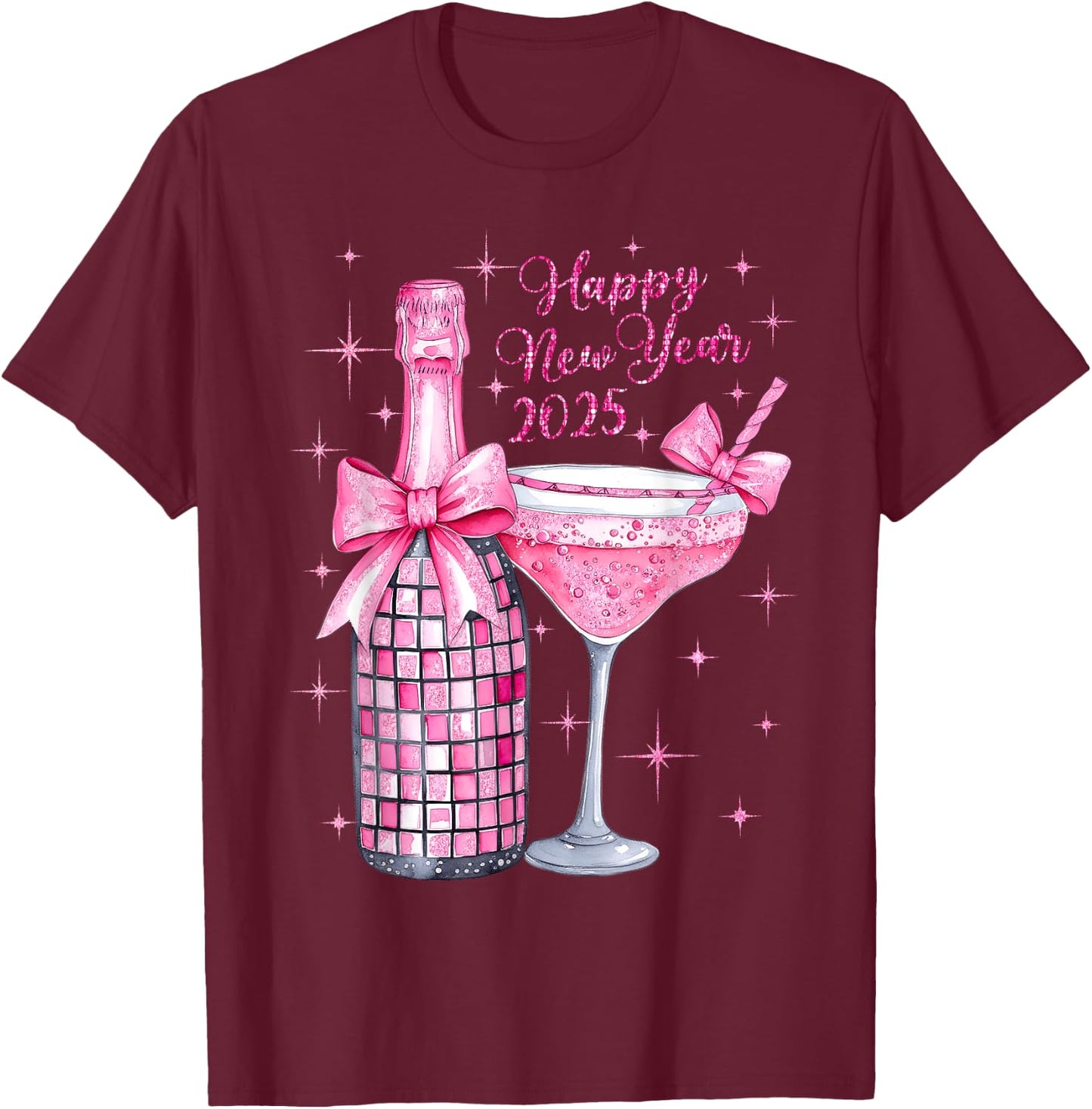 Pink Champagne Wine Bottle Disco Balls New Years 2025 T-Shirt - T-Shirt | Maroon