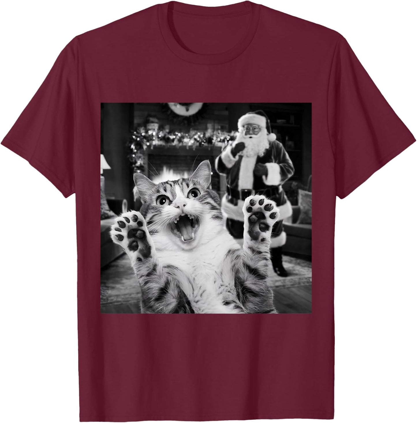 Funny Cat Selfie With Santa Christmas T-Shirt - T-Shirt | Maroon