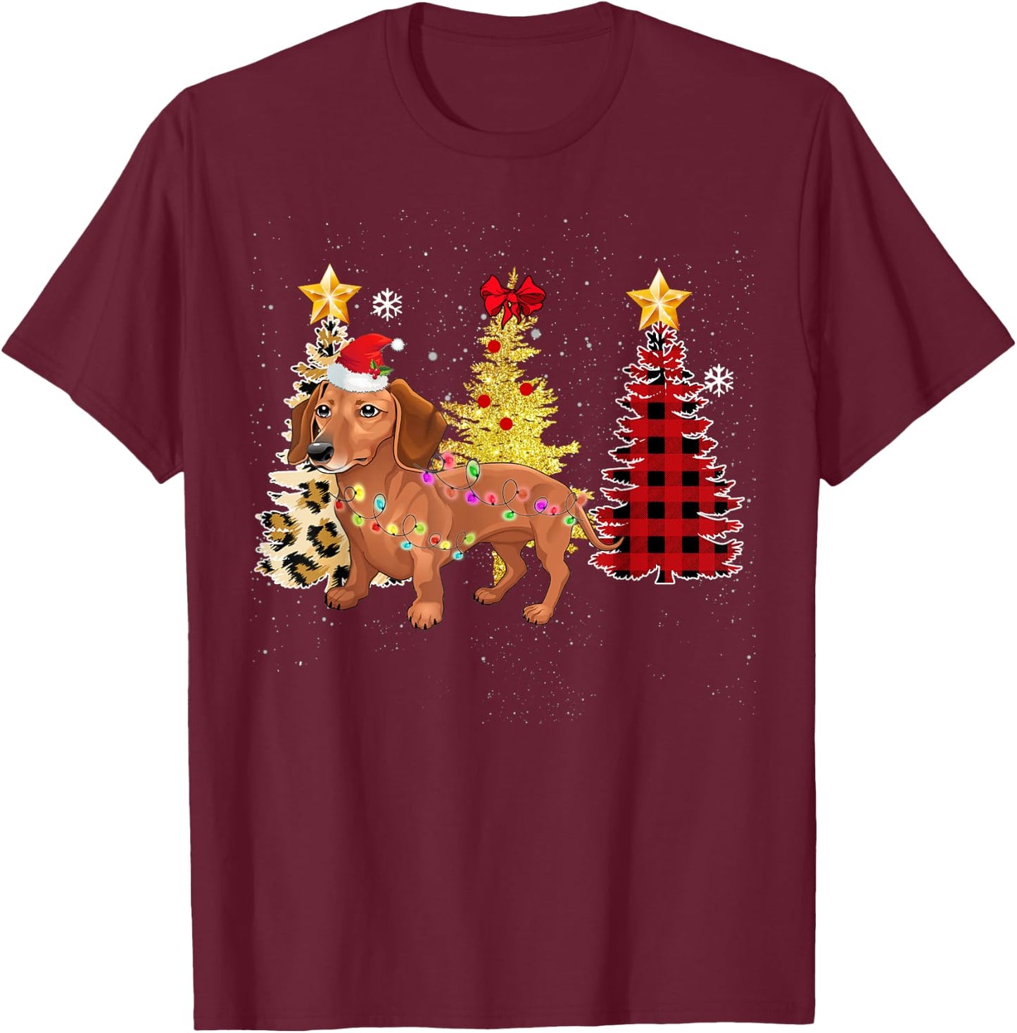 Santa Dachshund Christmas Tree Lights T-Shirt - T-Shirt | Maroon