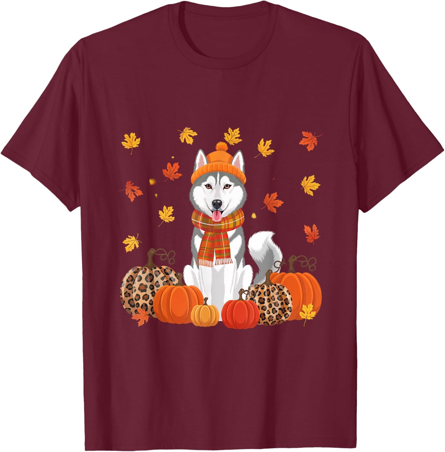 Fall Husky Pumpkins Leaves Autumn Halloween Thanksgiving T-Shirt - T-Shirt | Maroon