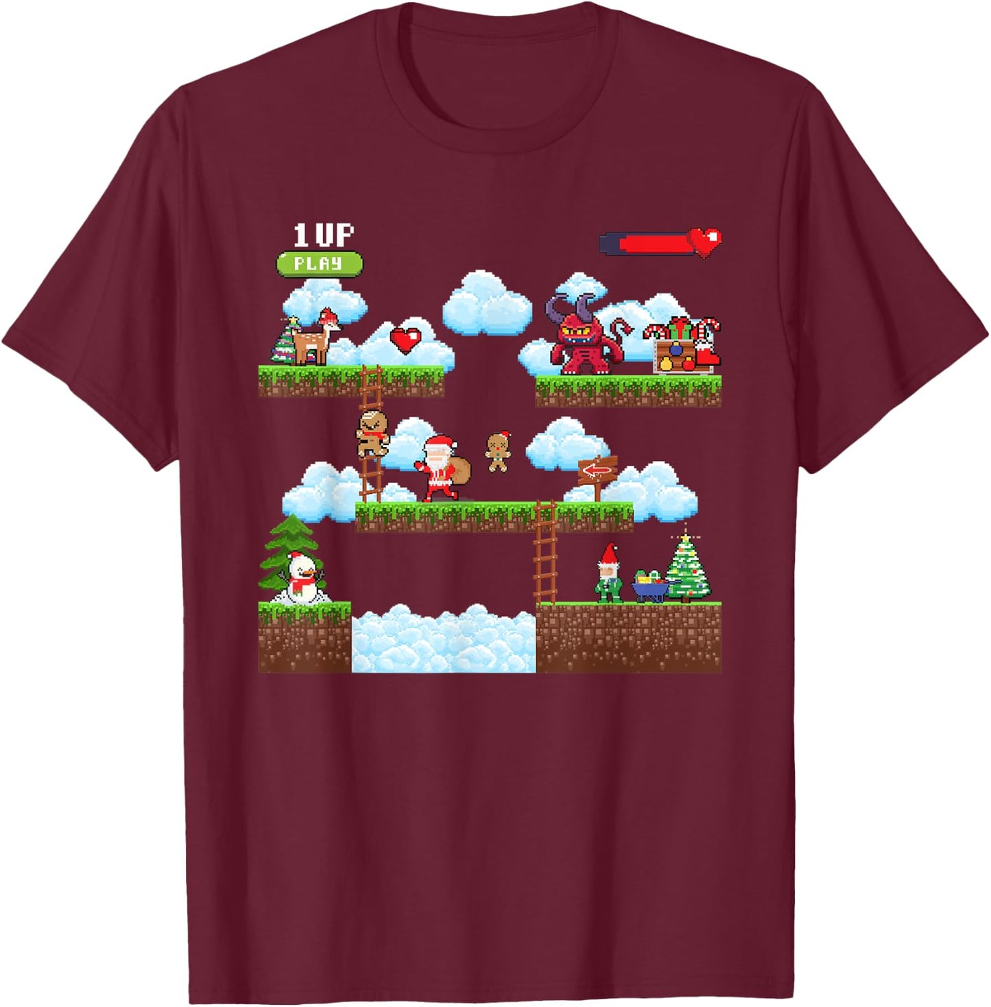 Santa vs Krampus Pixel Art 8-Bit Ugly Christmas Gaming T-Shirt - T-Shirt | Maroon